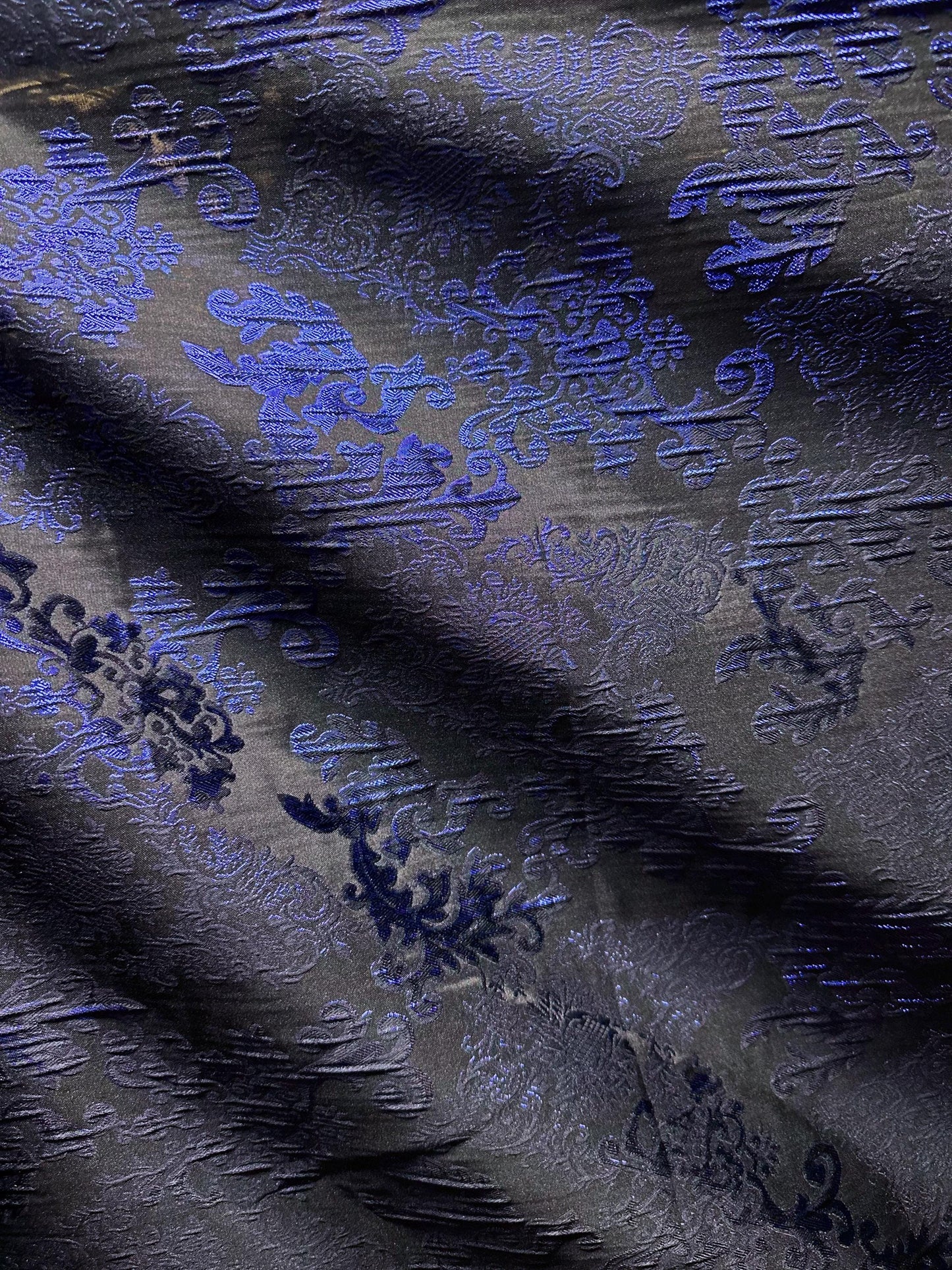 NAVY BLUE BLACK Damask Metallic Brocade Fabric (58 in.) Sold By The Yard