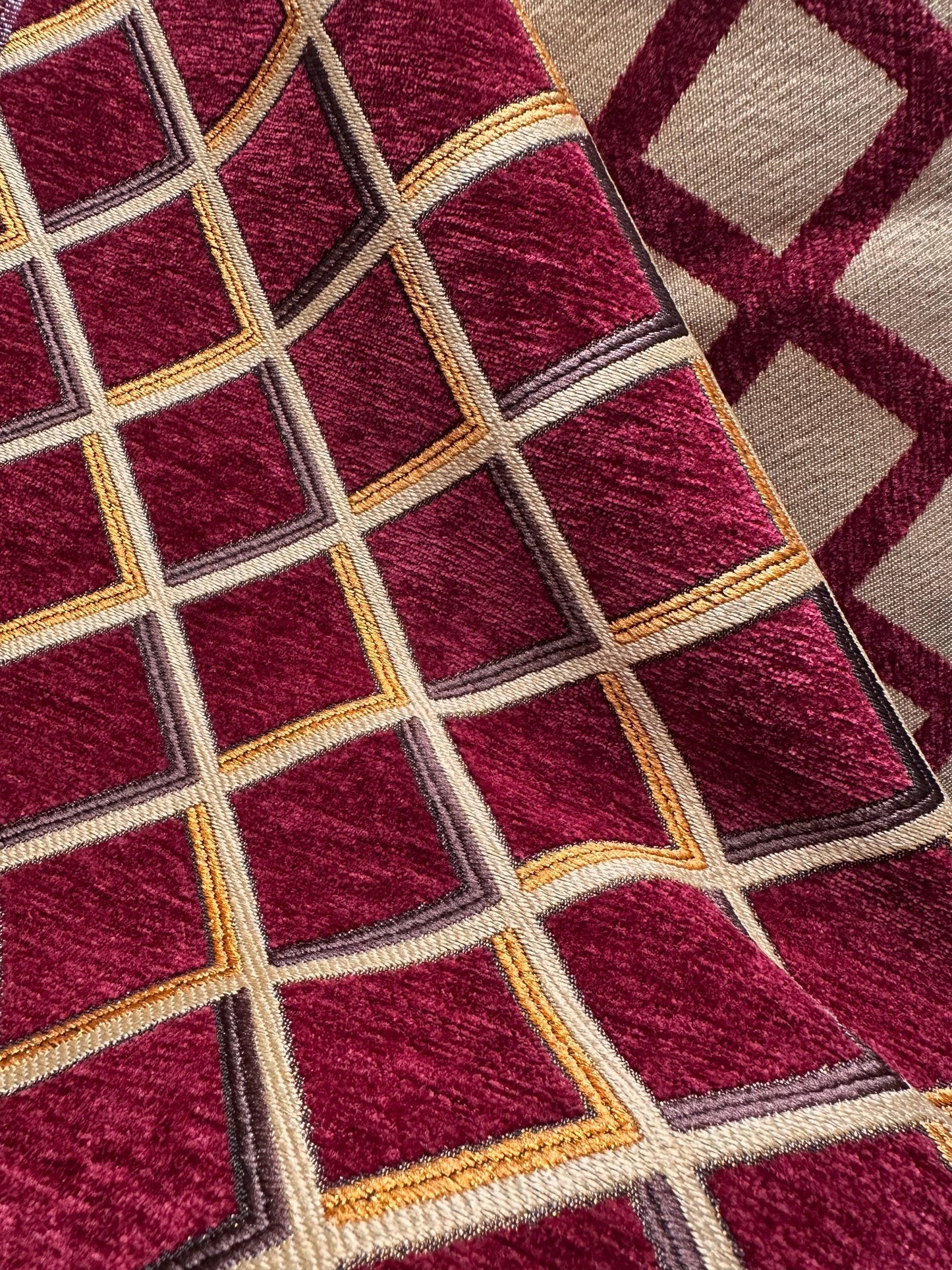 BURGUNDY GOLD Diamond Chenille Upholstery Brocade Fabric (54 in.) Sold By The Yard