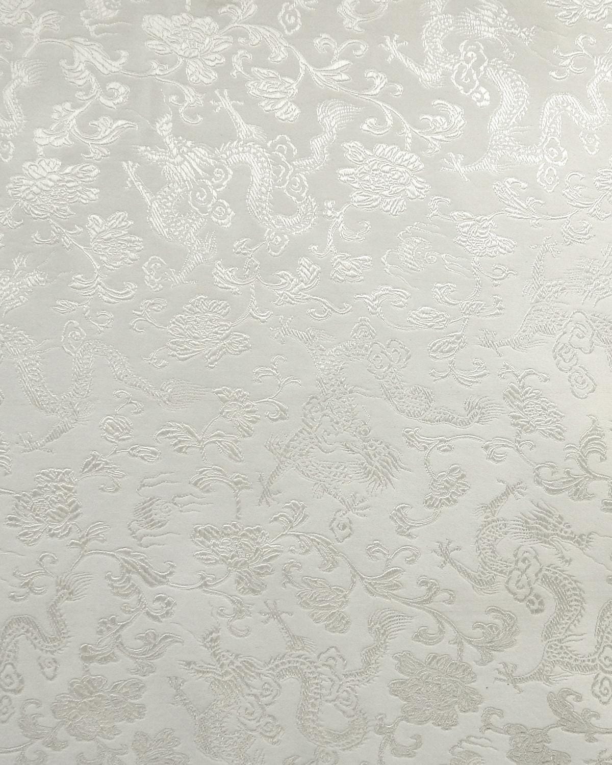 White Floral Dragon Silk Brocade Fabric (30 in.) Sold By The Yard