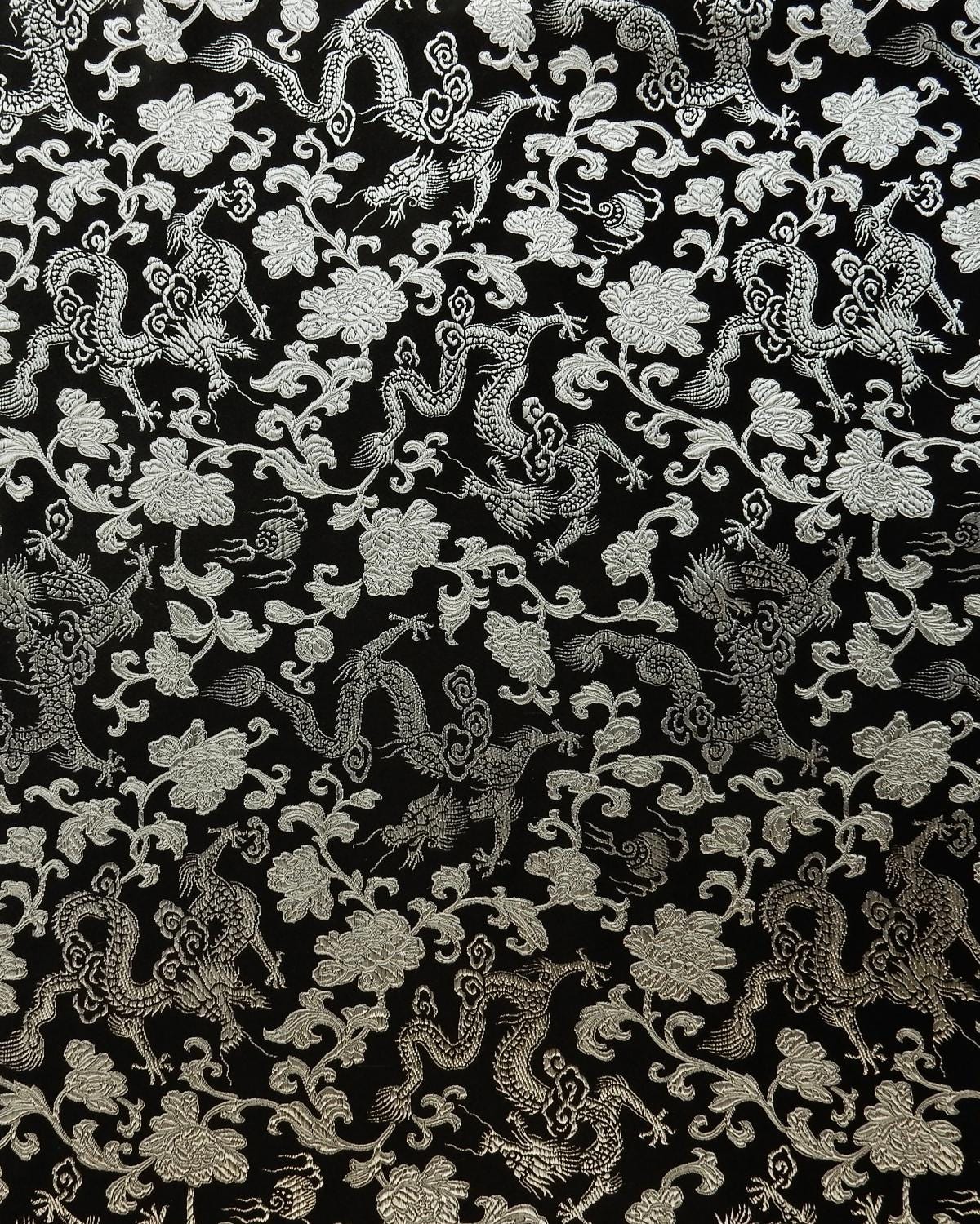Black Silver Floral Dragon Silk Brocade Fabric (30 in.) Sold By The Yard