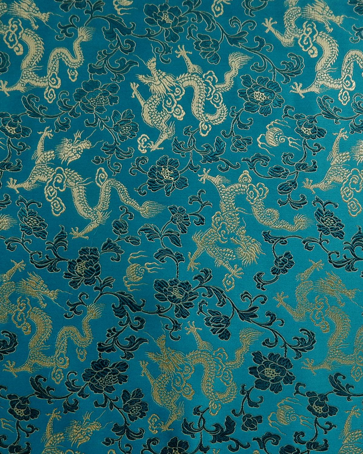 Turquoise Gold Floral Dragon Silk Brocade Fabric (30 in.) Sold By The Yard