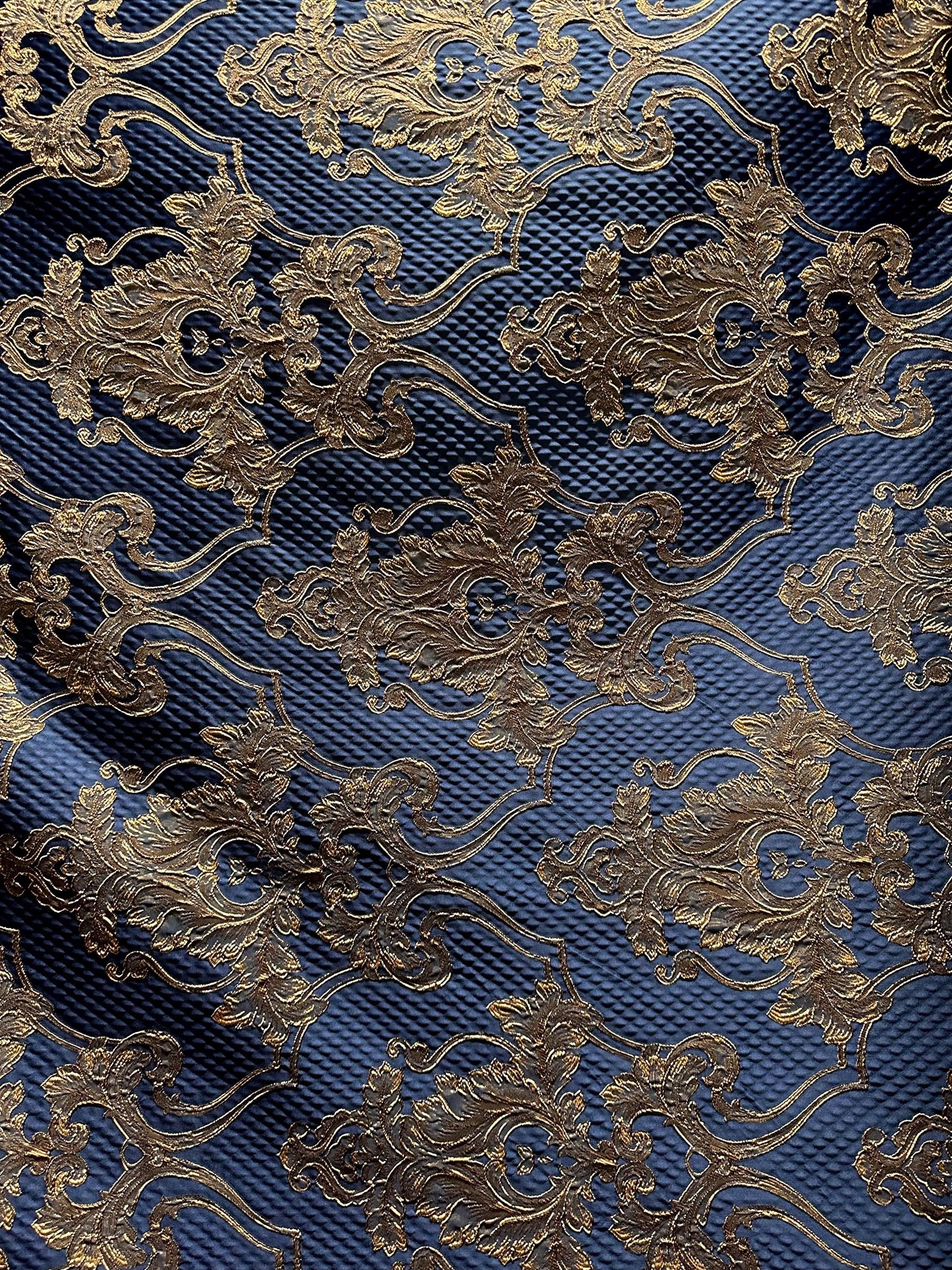 NAVY GOLD Damask Brocade Upholstery Drapery Fabric (56 in.) Sold By The Yard
