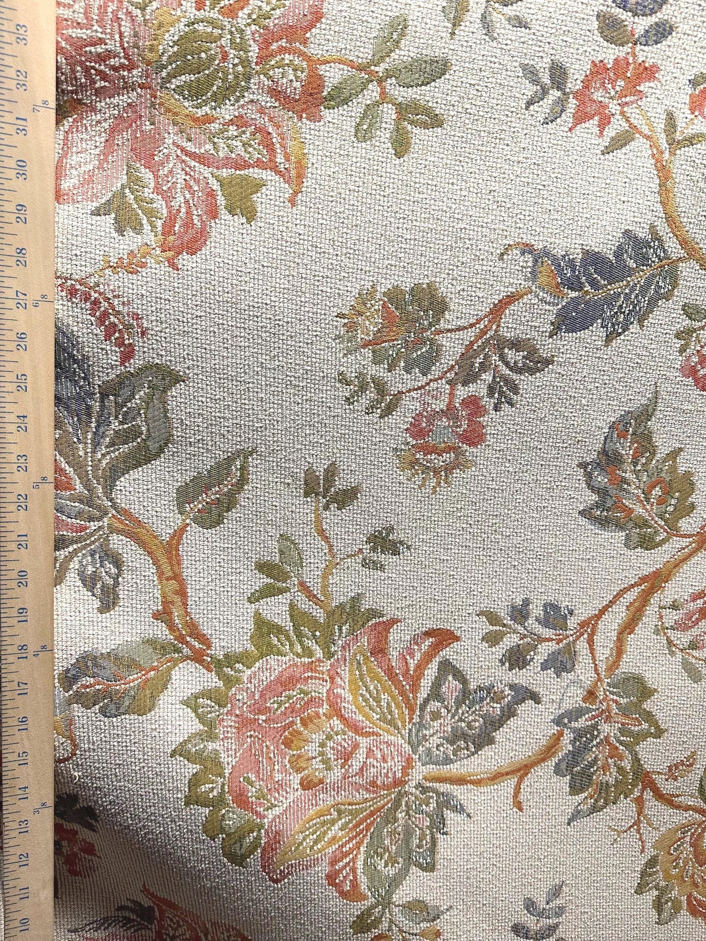 WHITE ORANGE GREEN Floral Chenille Upholstery Fabric (54 in.) Sold By The Yard