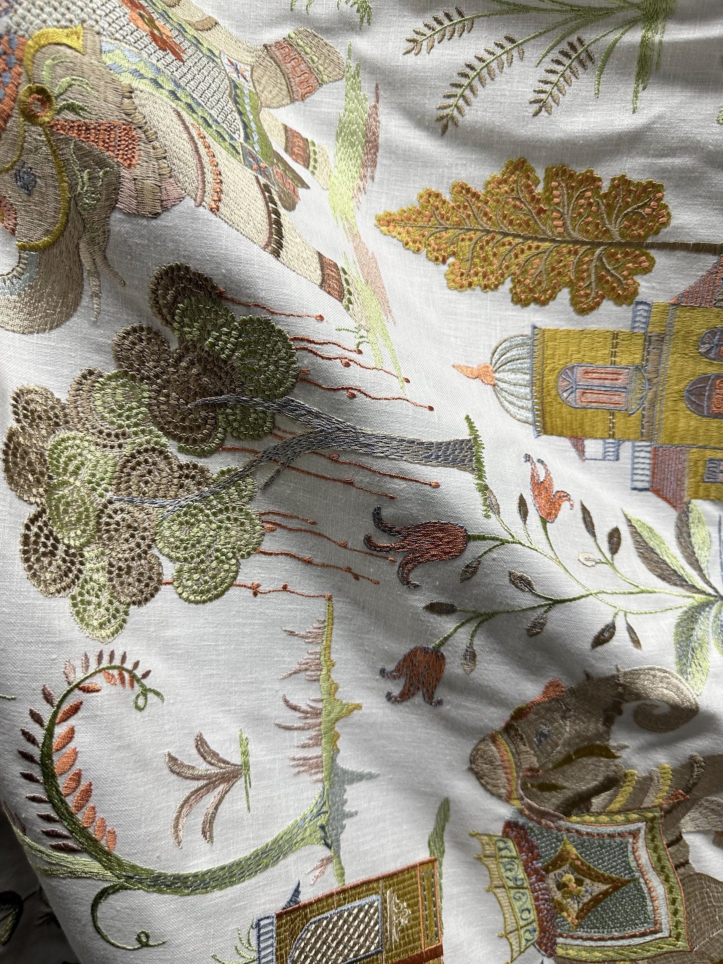 WHITE MULTICOLOR Elephant Tropical Embroidered Drapery Decor Fabric (54 in.) Sold By The Yard