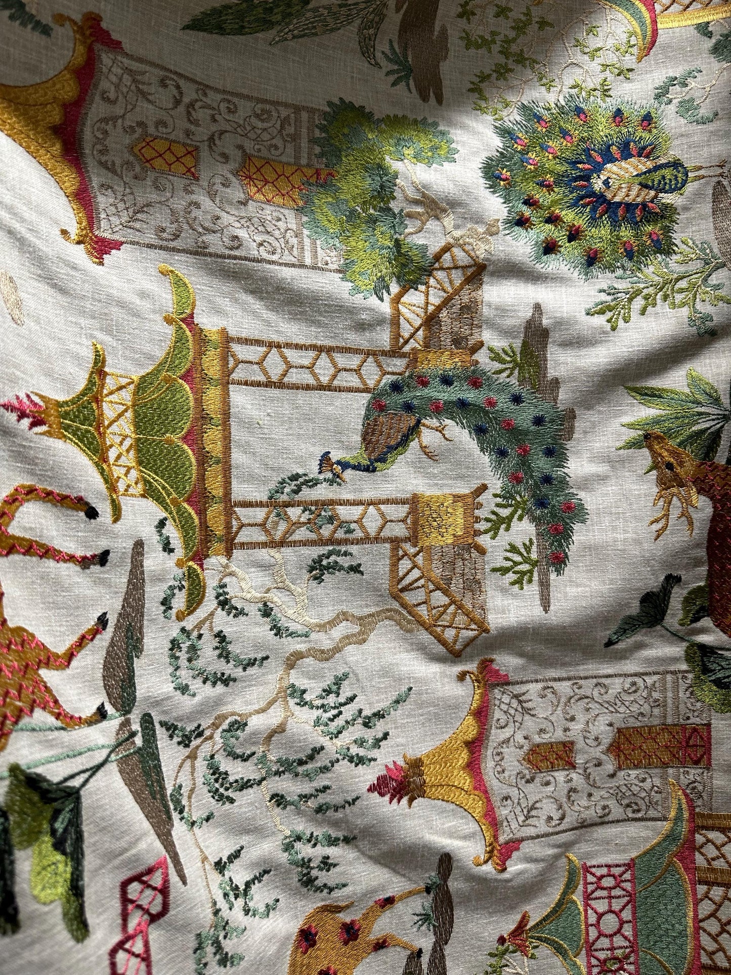NATURAL MULTICOLOR Deer Peacock Embroidered Upholstery Drapery Fabric (54 in.) Sold By The Yard