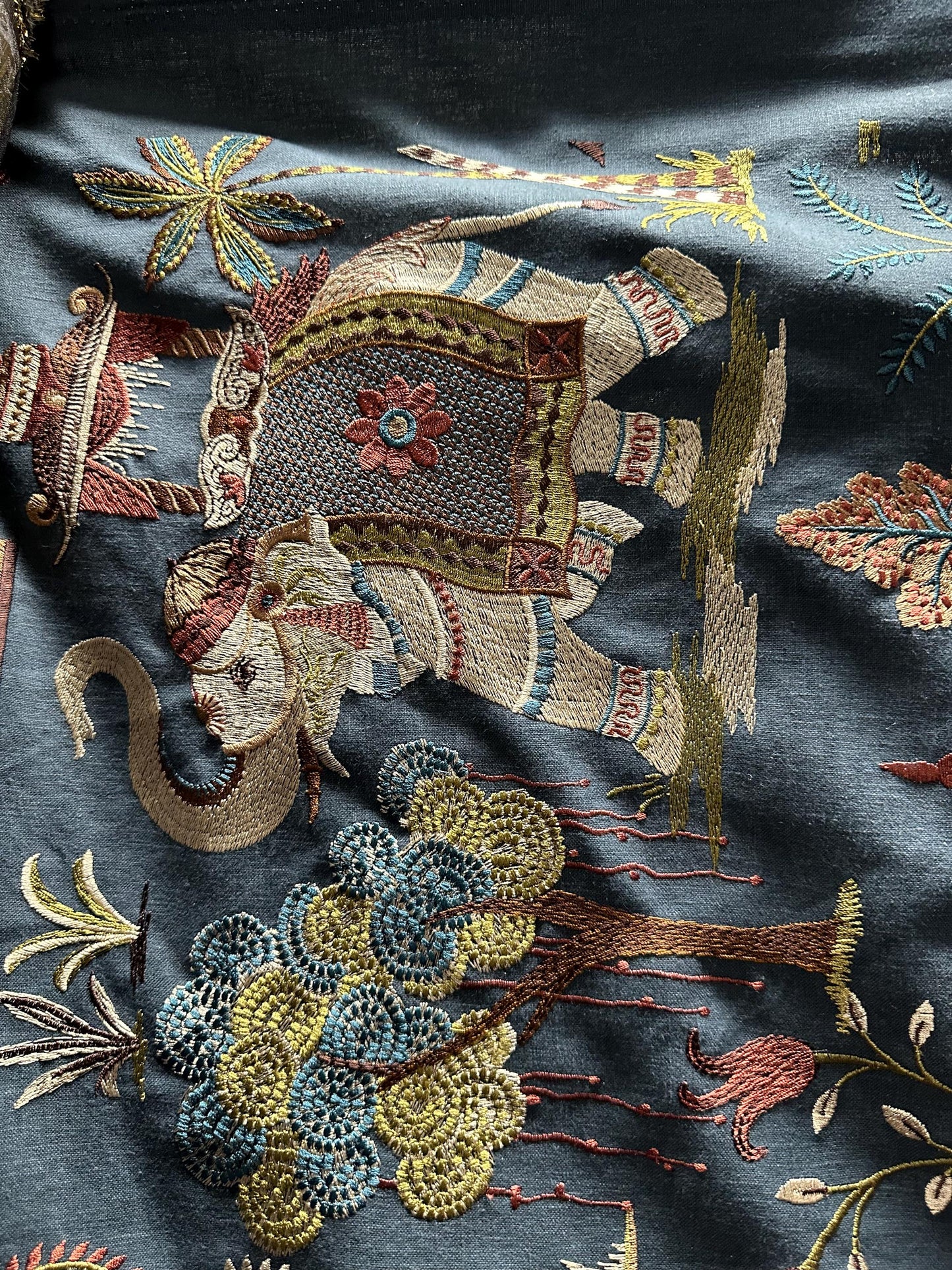 DARK TEAL MULTICOLOR Elephant Tropical Embroidered Drapery Decor Fabric (54 in.) Sold By The Yard