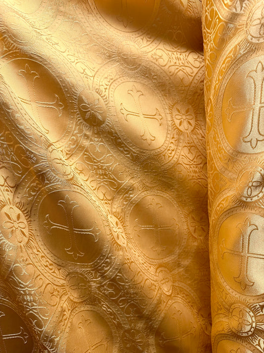 GOLD Liturgical Cross Brocade Fabric (55 in.) Sold By The Yard