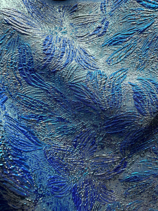 TURQUOISE BLUE SILVER Floral Metallic Brocade Fabric (60 in.) Sold By The Yard