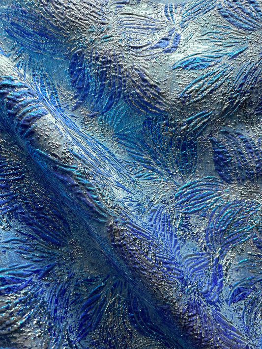 TURQUOISE BLUE SILVER Floral Metallic Brocade Fabric (60 in.) Sold By The Yard