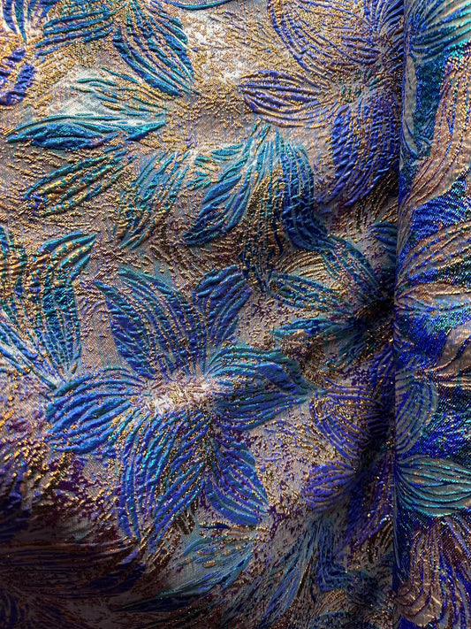 TURQUOISE BLUE MULTICOLOR Floral Metallic Brocade Fabric (60 in.) Sold By The Yard