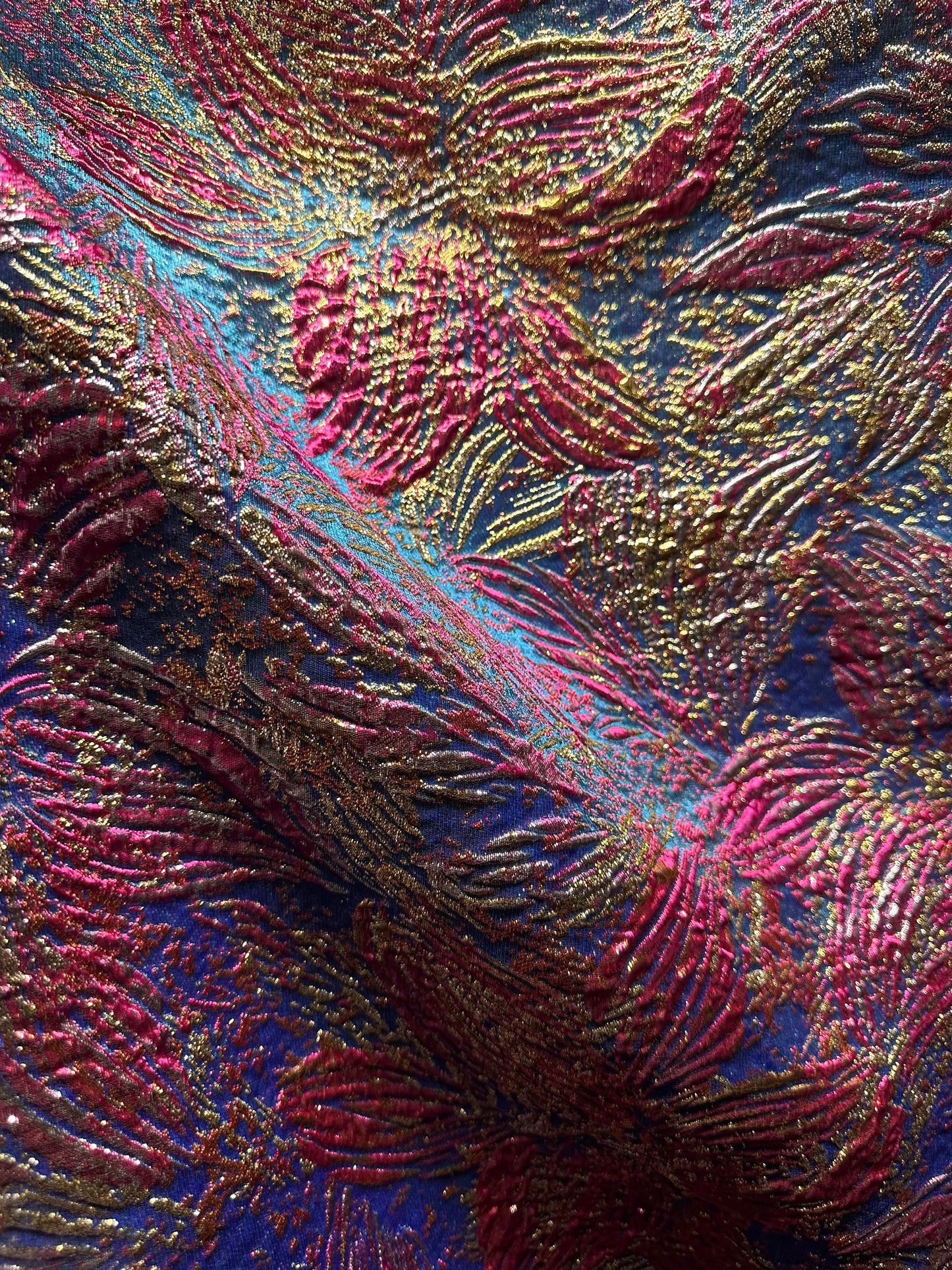 TURQUOISE BLUE PINK Floral Metallic Brocade Fabric (60 in.) Sold By The Yard