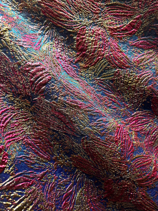 TURQUOISE BLUE PINK Floral Metallic Brocade Fabric (60 in.) Sold By The Yard