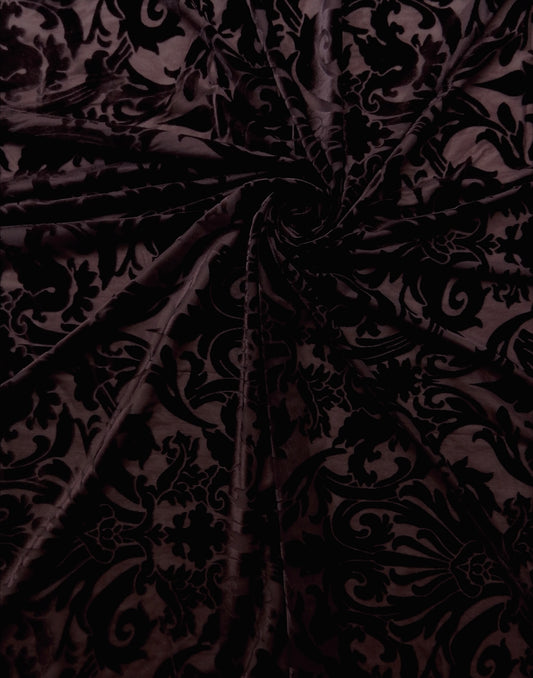 BROWN Damask Floral Burnout Stretch Velvet Fabric (58 in.) Sold By The Yard