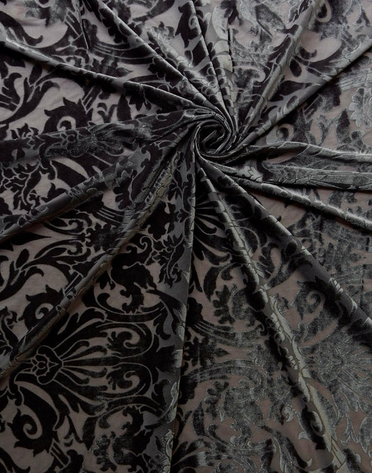 GREY Damask Floral Burnout Stretch Velvet Fabric (58 in.) Sold By The Yard