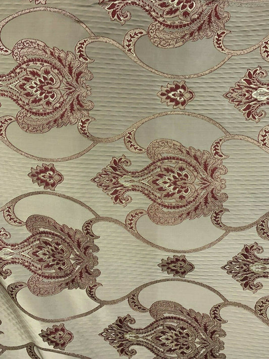 TAUPE BURGUNDY Damask Brocade Upholstery Drapery Fabric (54 in.) Sold By The Yard