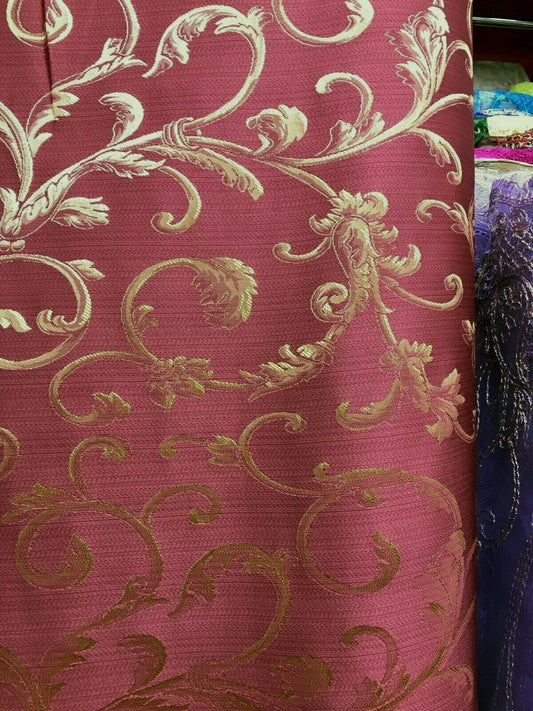 BURGUNDY GOLD Brocade Flower Floral Upholstery Drapery Fabric (110 in.) Sold By The Yard