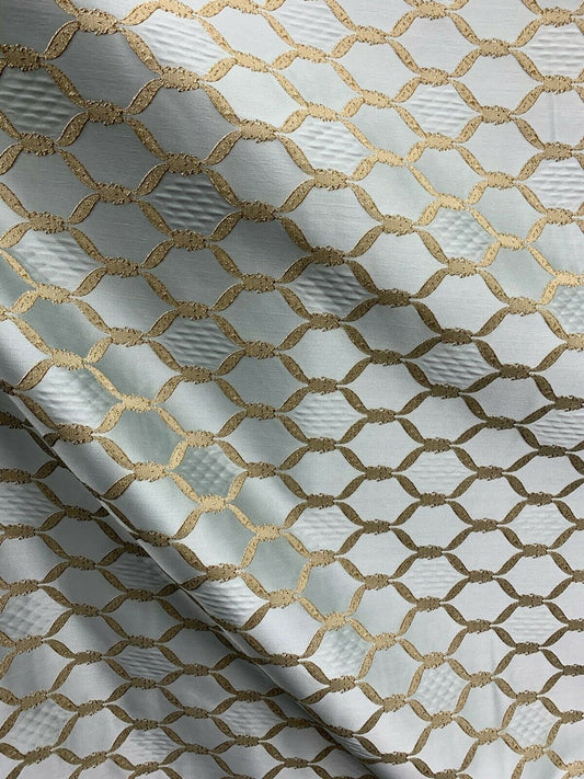 Grey Blue Dark Gold Diamond Brocade Upholstery Drapery Fabric (54 in.) Sold By The Yard