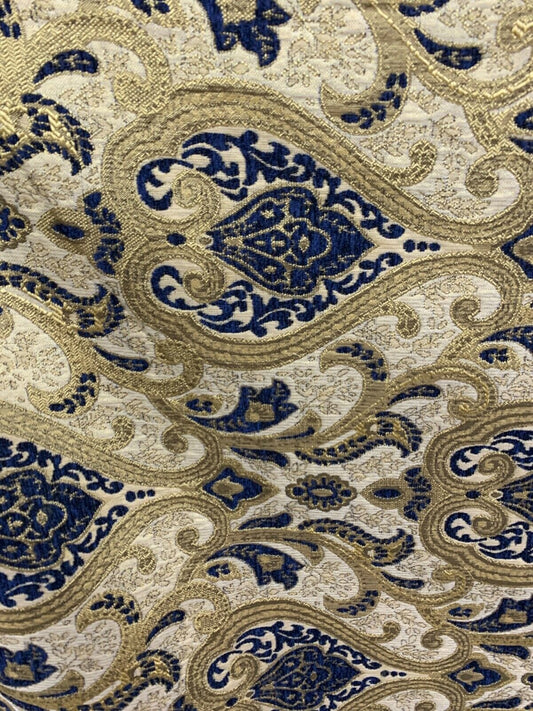 BLUE GOLD Damask Chenille Upholstery Brocade Fabric (56 in.) Sold By The Yard