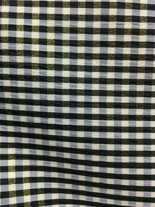 GOLD BLACK WHITE Metallic Checkered Plaid Taffeta Fabric (60 in.) Sold By The Yard