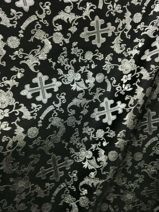 BLACK SILVER METALLIC Liturgical Cross Brocade Fabric (45 in.) Sold By The Yard