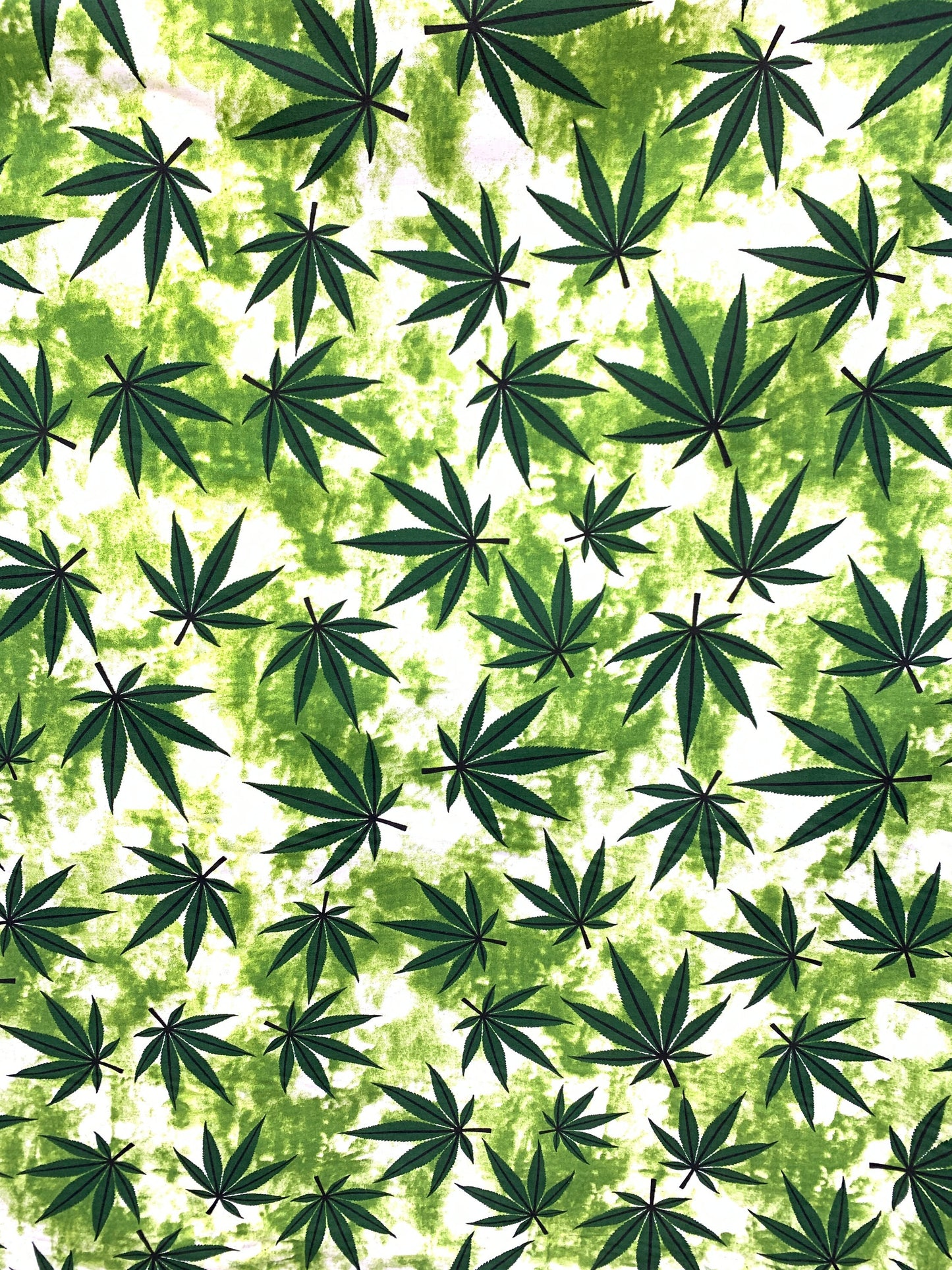 GREEN WHITE Marijuana Cannabis Leaf Printed Poly Cotton Fabric (58 in.) Sold By The Yard