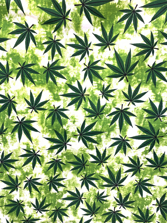 GREEN WHITE Marijuana Cannabis Leaf Printed Poly Cotton Fabric (58 in.) Sold By The Yard