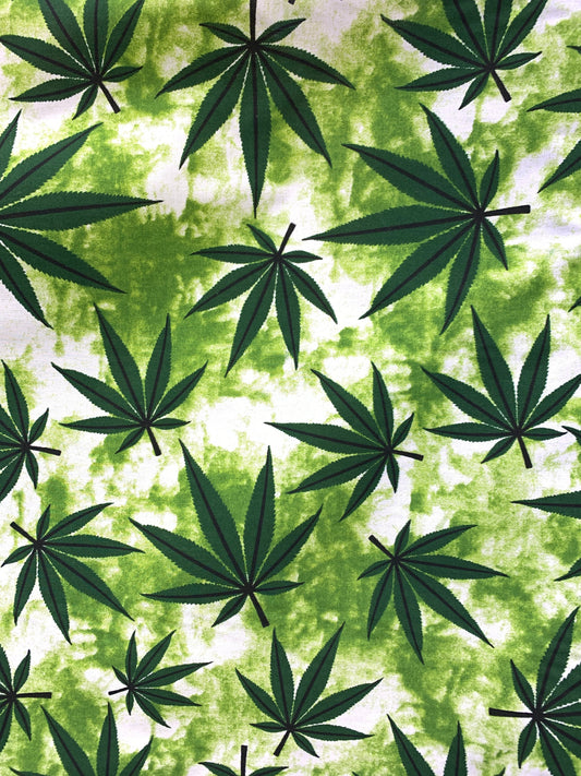 GREEN WHITE Marijuana Cannabis Leaf Printed Poly Cotton Fabric (58 in.) Sold By The Yard