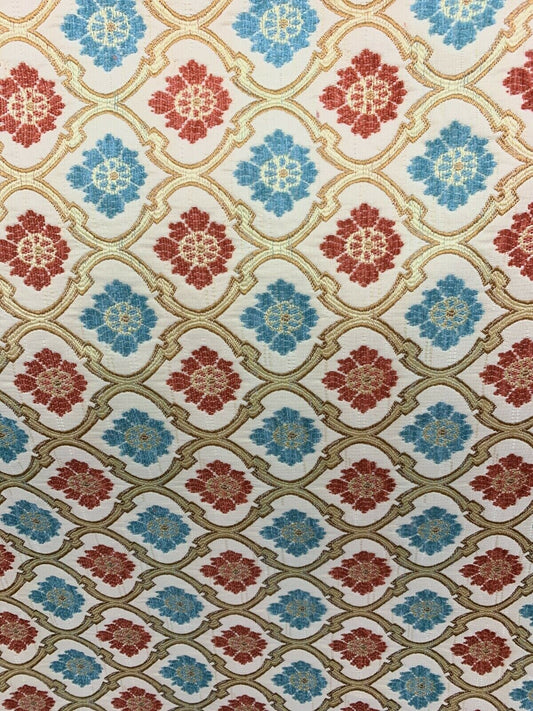 RED BLUE GOLD Floral Trellis Chenille Upholstery Brocade Fabric (56 in.) 10 Yards