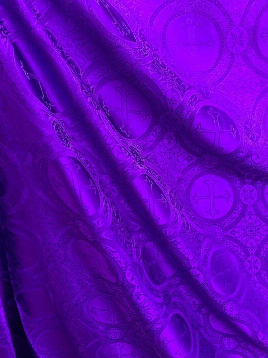 PURPLE Liturgical Cross Brocade Fabric (55 in.) Sold By The Yard