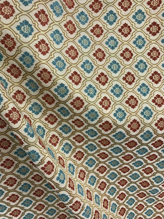 RED BLUE GOLD Floral Trellis Chenille Upholstery Brocade Fabric (56 in.) 10 Yards