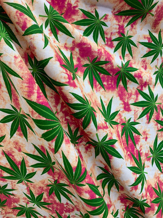 GREEN FUCHSIA Marijuana Cannabis Leaf Printed Poly Cotton Fabric (58 in.) Sold By The Yard