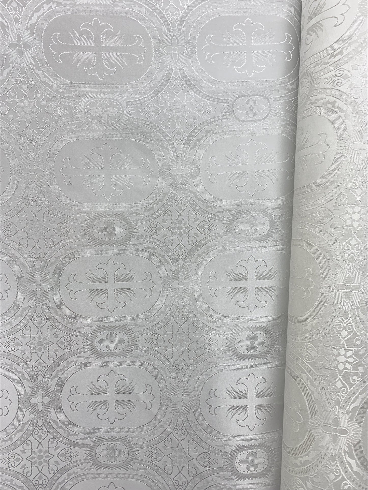WHITE Liturgical Cross Brocade Fabric (55 in.) Sold By The Yard