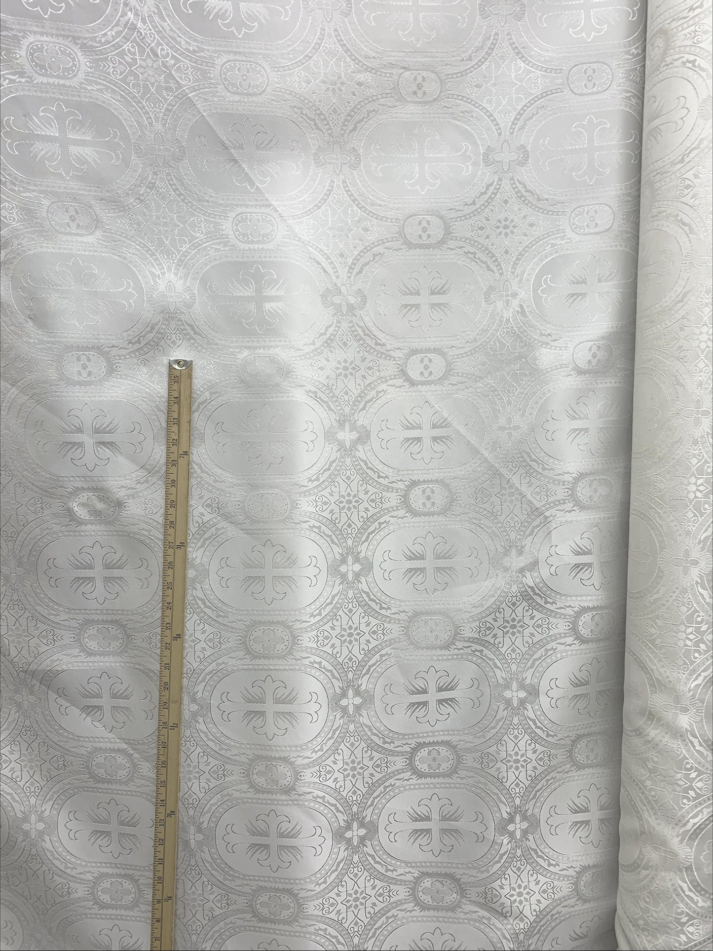 WHITE Liturgical Cross Brocade Fabric (55 in.) Sold By The Yard