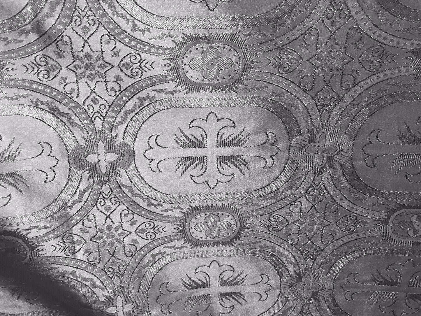 SILVER Metallic Liturgical Cross Brocade Fabric (55 in.) Sold By The Yard