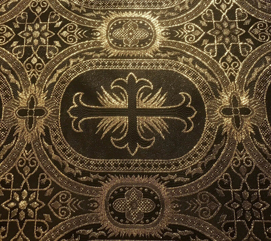 BLACK GOLD Metallic Liturgical Cross Brocade Fabric (55 in.) Sold By The Yard