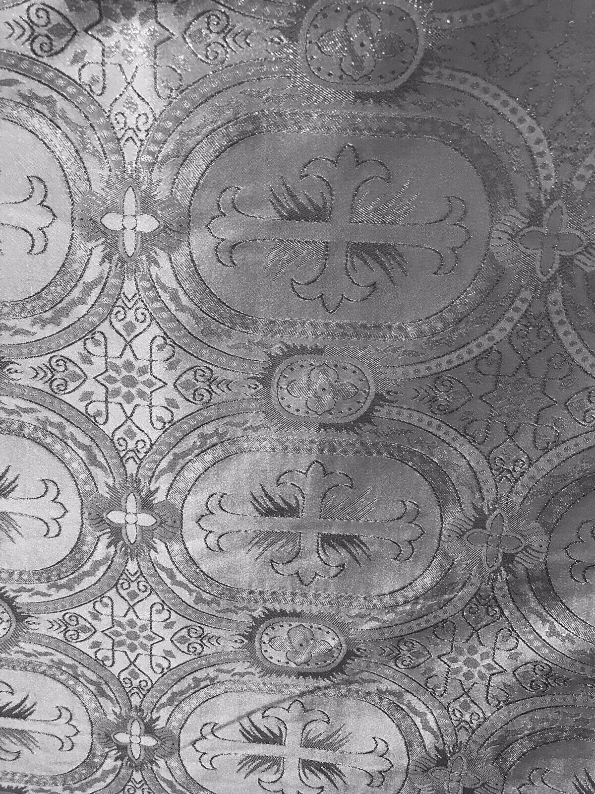 SILVER Metallic Liturgical Cross Brocade Fabric (55 in.) Sold By The Yard