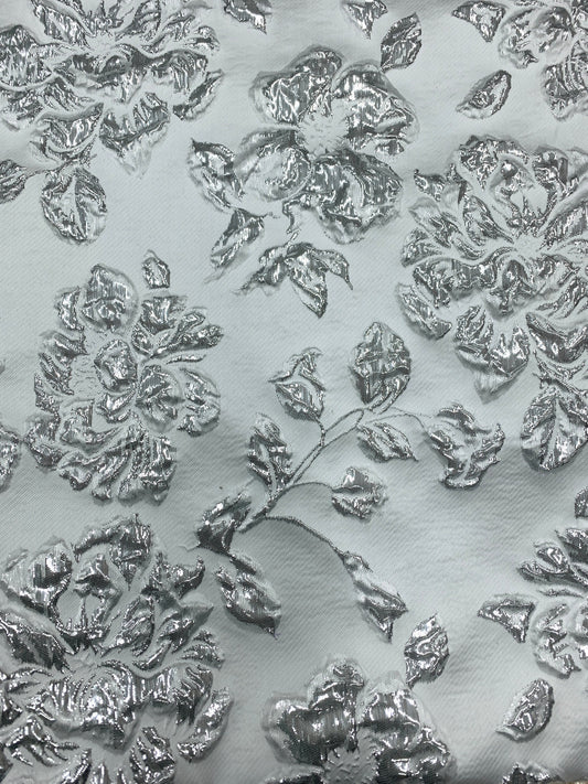 WHITE SILVER Floral Brocade Fabric (60 in.) Sold By The Yard