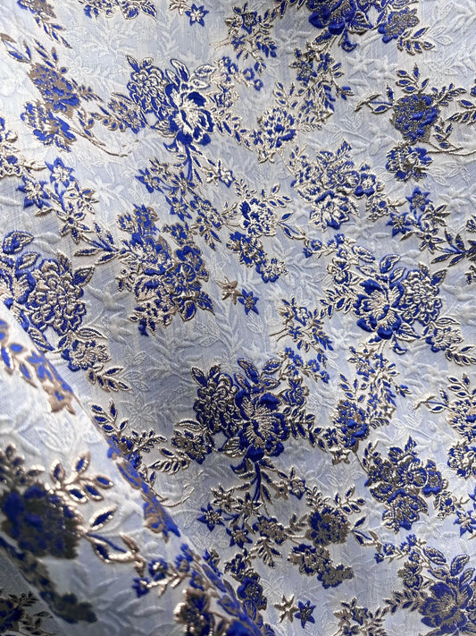 ROYAL BLUE GOLD Floral Brocade Fabric (60 in.) Sold By The Yard