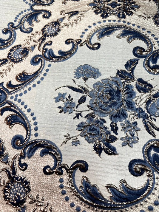 DARK BLUE GOLD Floral Brocade Fabric (60 in.) Sold By The Yard