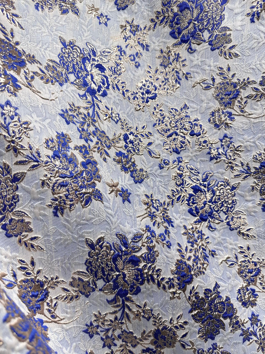 ROYAL BLUE GOLD Floral Brocade Fabric (60 in.) Sold By The Yard