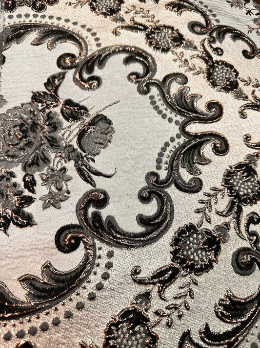 BLACK GRAY GOLD Floral Brocade Fabric (60 in.) Sold By The Yard