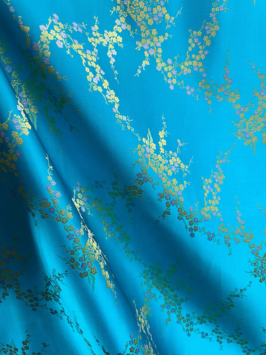 TURQUOISE BLUE GOLD Floral Brocade Fabric (60 in.) Sold By The Yard