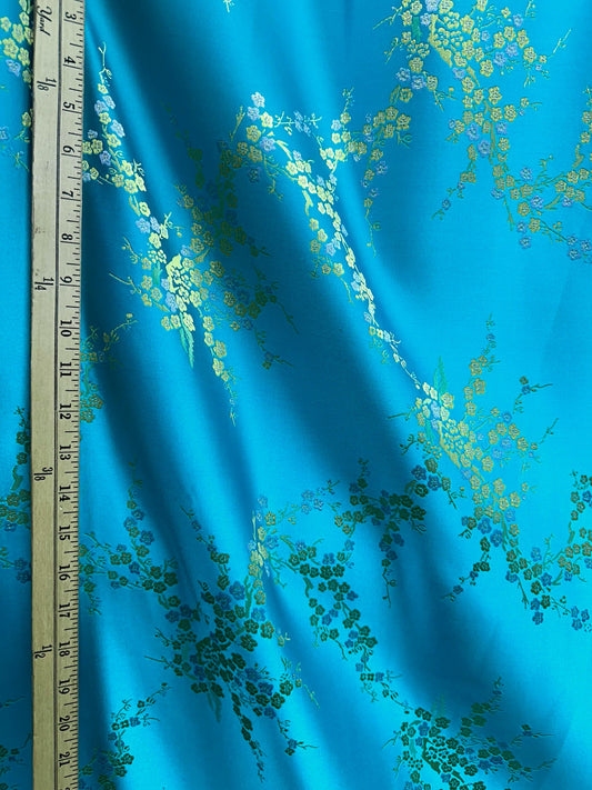 TURQUOISE BLUE GOLD Floral Brocade Fabric (60 in.) Sold By The Yard
