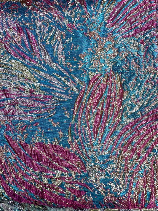 TURQUOISE BLUE PINK Floral Metallic Brocade Fabric (60 in.) Sold By The Yard