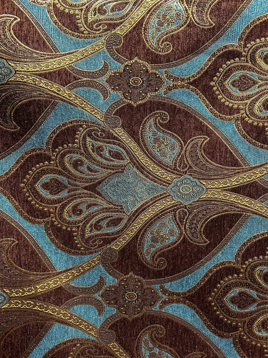 GOLD BROWN TURQUOISE Damask Chenille Upholstery Brocade Fabric (56 in.) Sold By The Yard