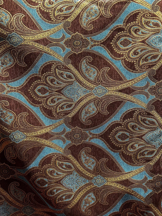 GOLD BROWN TURQUOISE Damask Chenille Upholstery Brocade Fabric (56 in.) Sold By The Yard