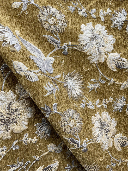 DARK GOLD BEIGE Floral Chenille Upholstery Fabric (54 in.) Sold By The Yard