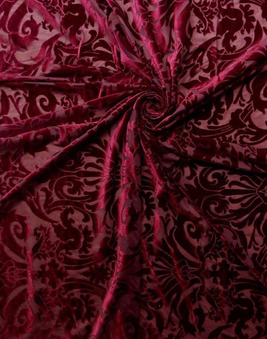 BURGUNDY Damask Floral Burnout Stretch Velvet Fabric (58 in.) Sold By The Yard