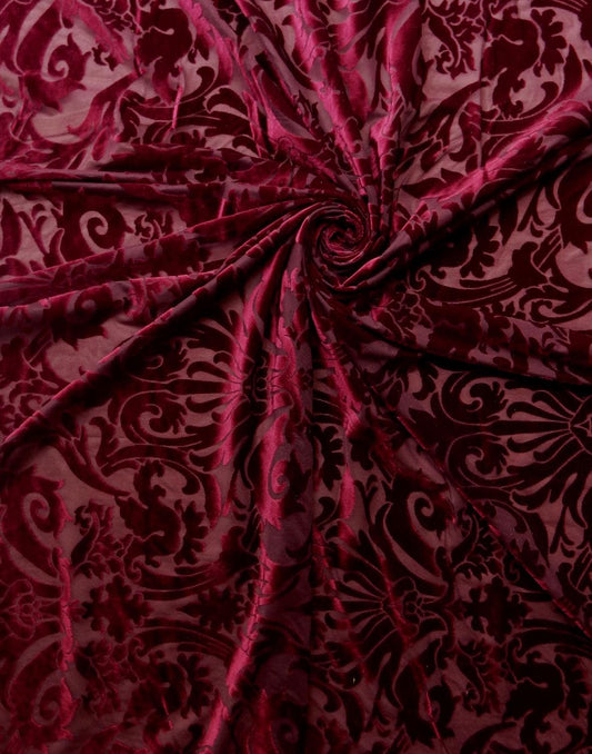 BURGUNDY Damask Floral Burnout Stretch Velvet Fabric (58 in.) Sold By The Yard