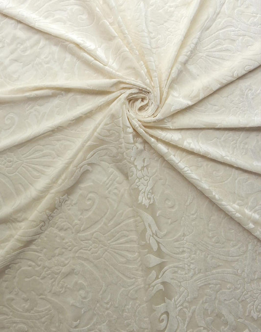 IVORY Damask Floral Burnout Stretch Velvet Fabric (58 in.) Sold By The Yard